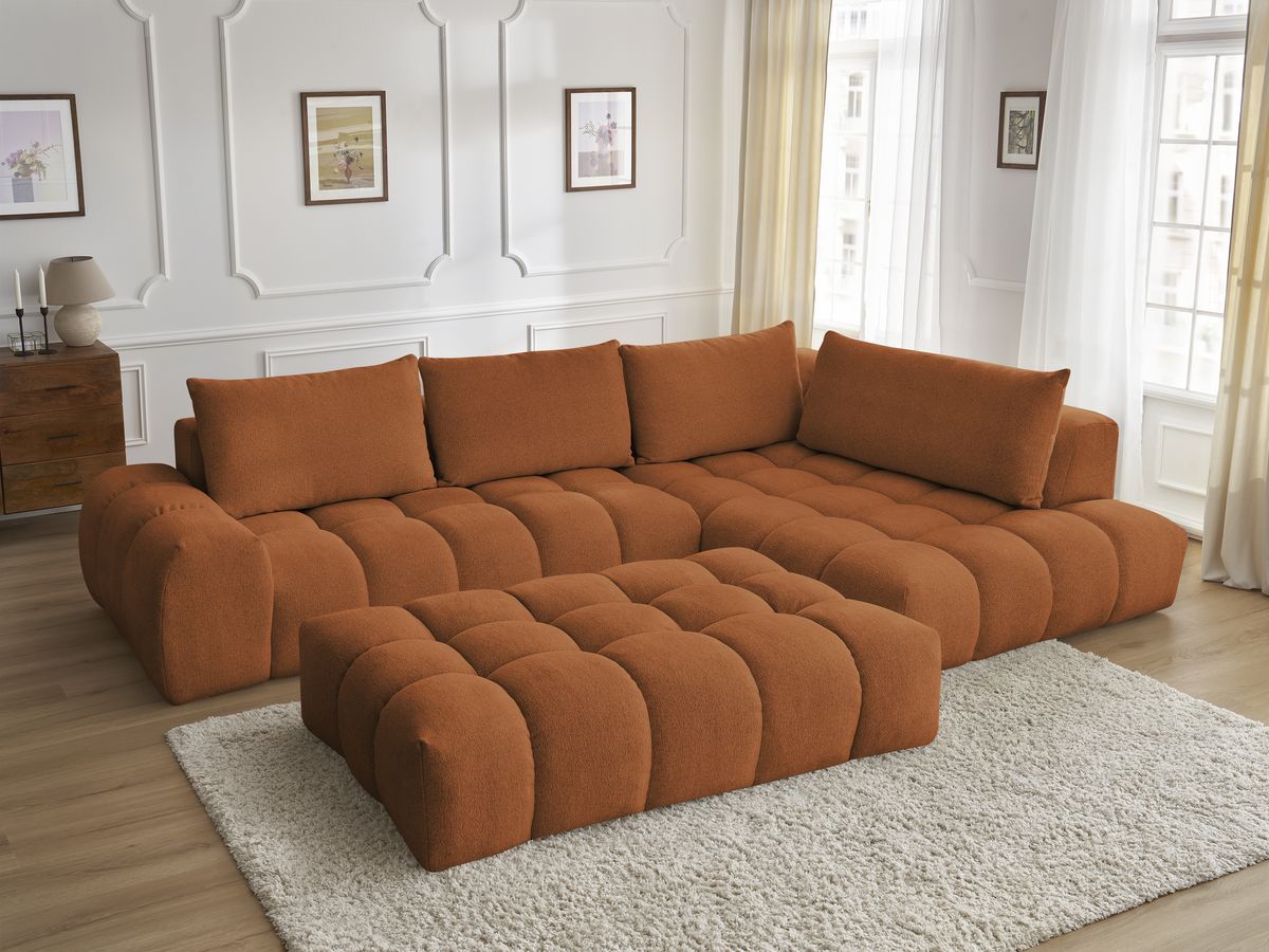 Bobochic Everest Ecksofa mit Schlaffunktion und Pouf, 4 Kissen Melange-Stoff Orange Ecke rechts