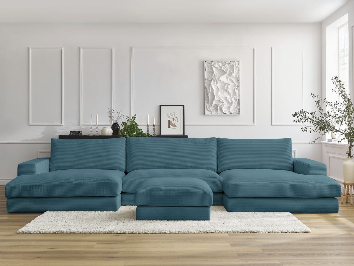 Bobochic Leonard Wohnlandschaft mit Pouf 349 × 159 cm Cordsamt Hellblau