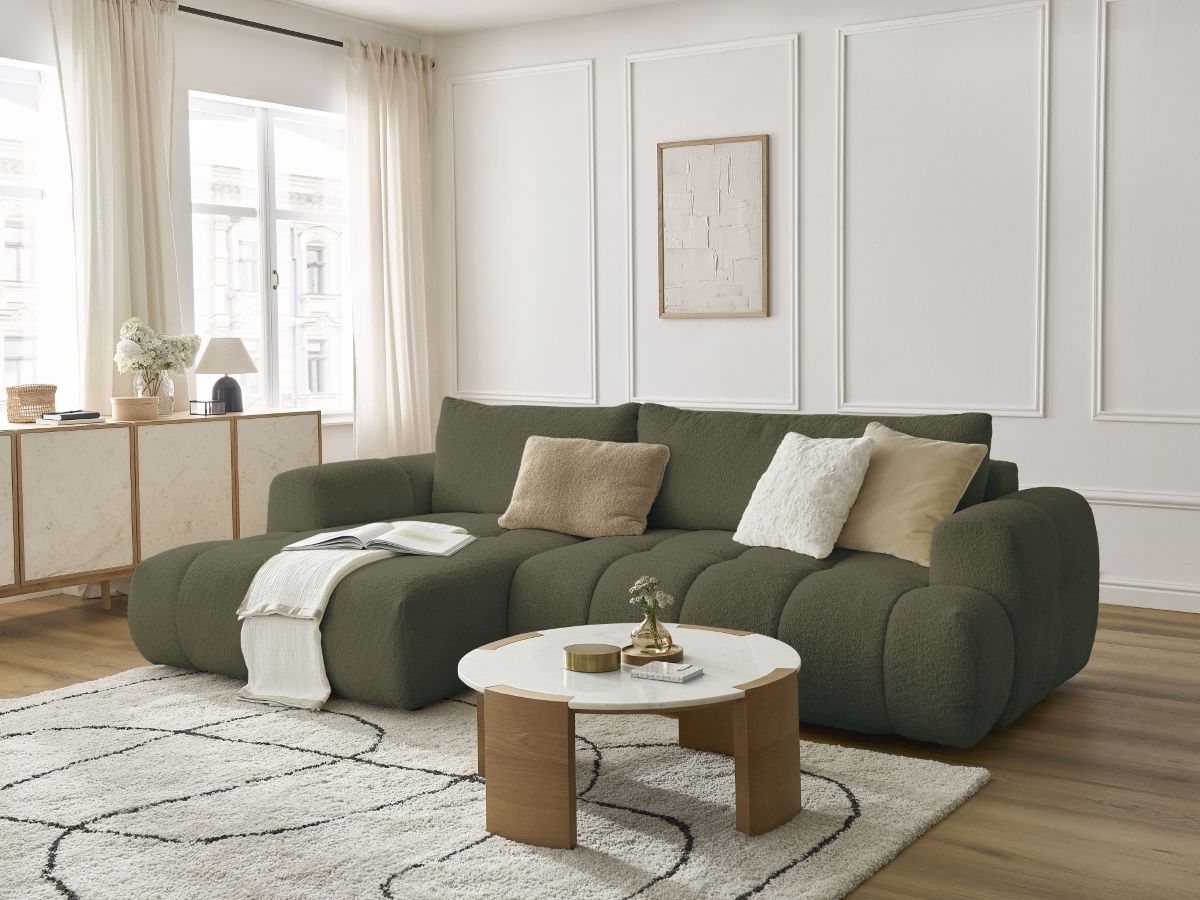 Bobochic Fuji Ecksofa mit Schlaffunktion und Bettkasten 292 × 160 cm Bouclé-Stoff Grün Ecke links