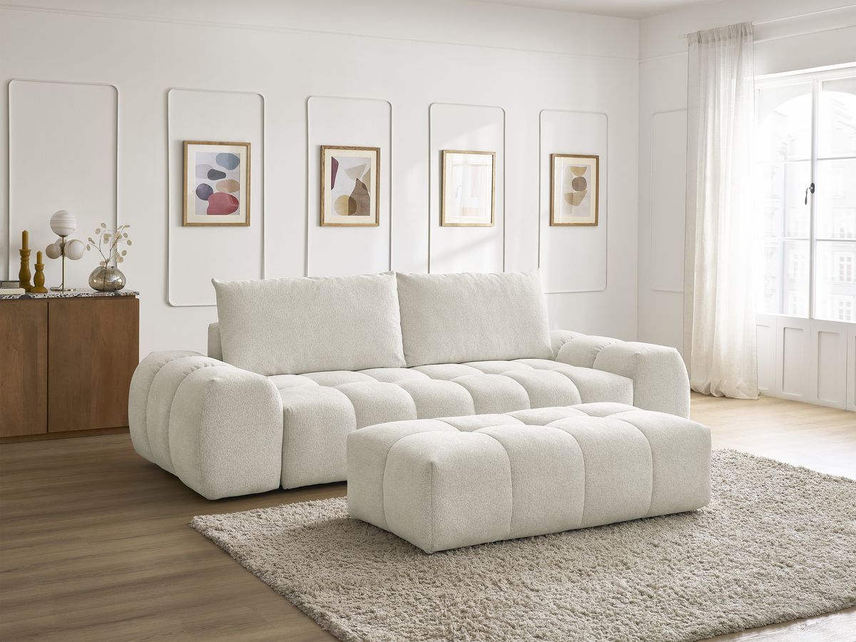 Bobochic Everest Schlafsofa 3-Sitzer mit Bettkasten und Pouf, 2 Kissen Melange-Stoff Weiß