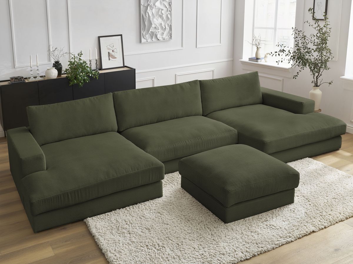Bobochic Leonard Wohnlandschaft mit Pouf 404 × 159 cm Cordsamt Hellgrün