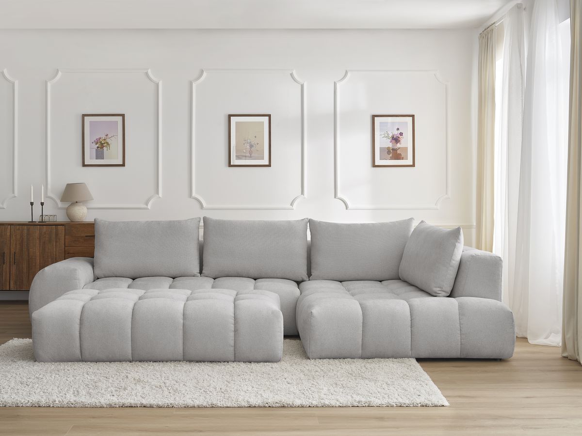 Bobochic Everest Ecksofa mit Schlaffunktion und Pouf, 4 Kissen Strukturstoff Hellgrau Ecke rechts
