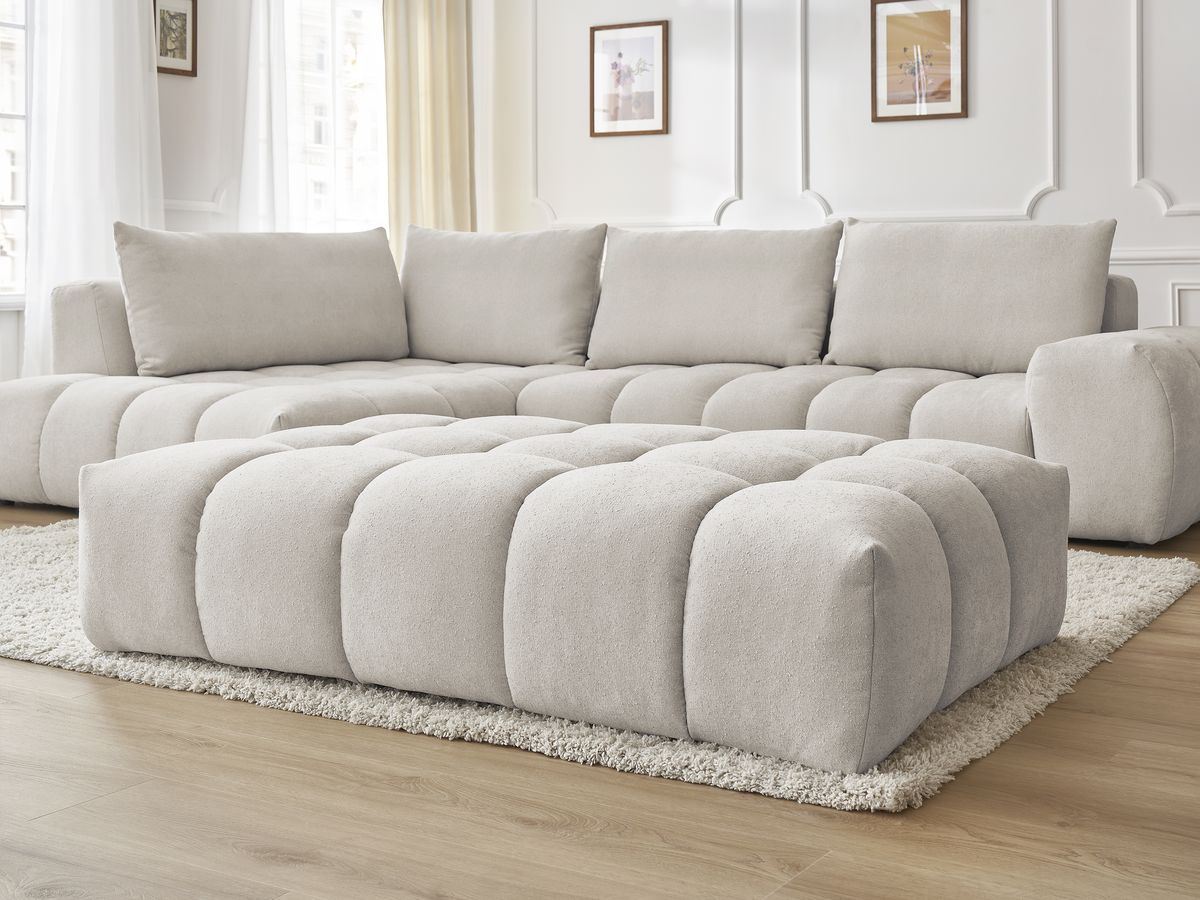 Bobochic Everest Ecksofa mit Schlaffunktion und Pouf, 4 Kissen Strukturstoff Beige Ecke links
