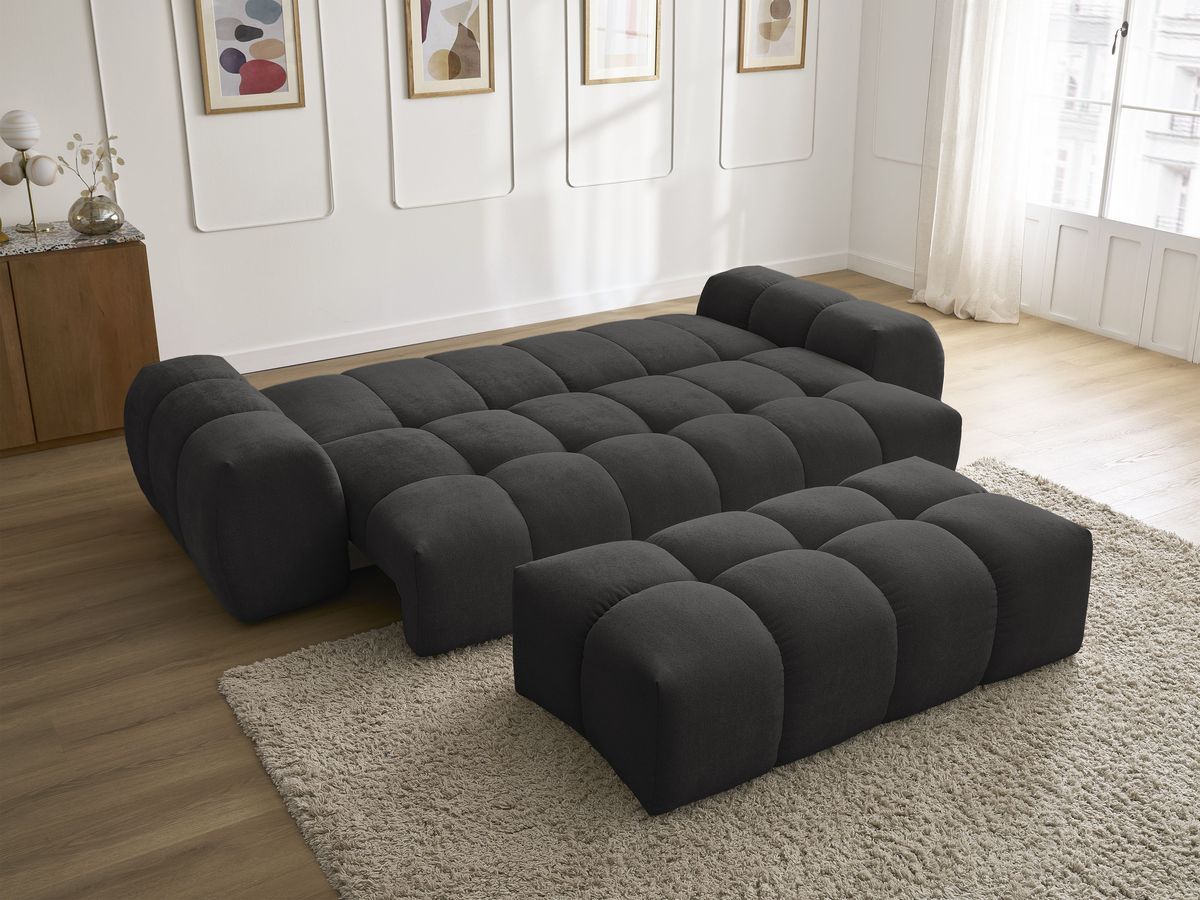 Bobochic Everest Schlafsofa 3-Sitzer mit Bettkasten und Pouf, 2 Kissen Strukturstoff Schwarz