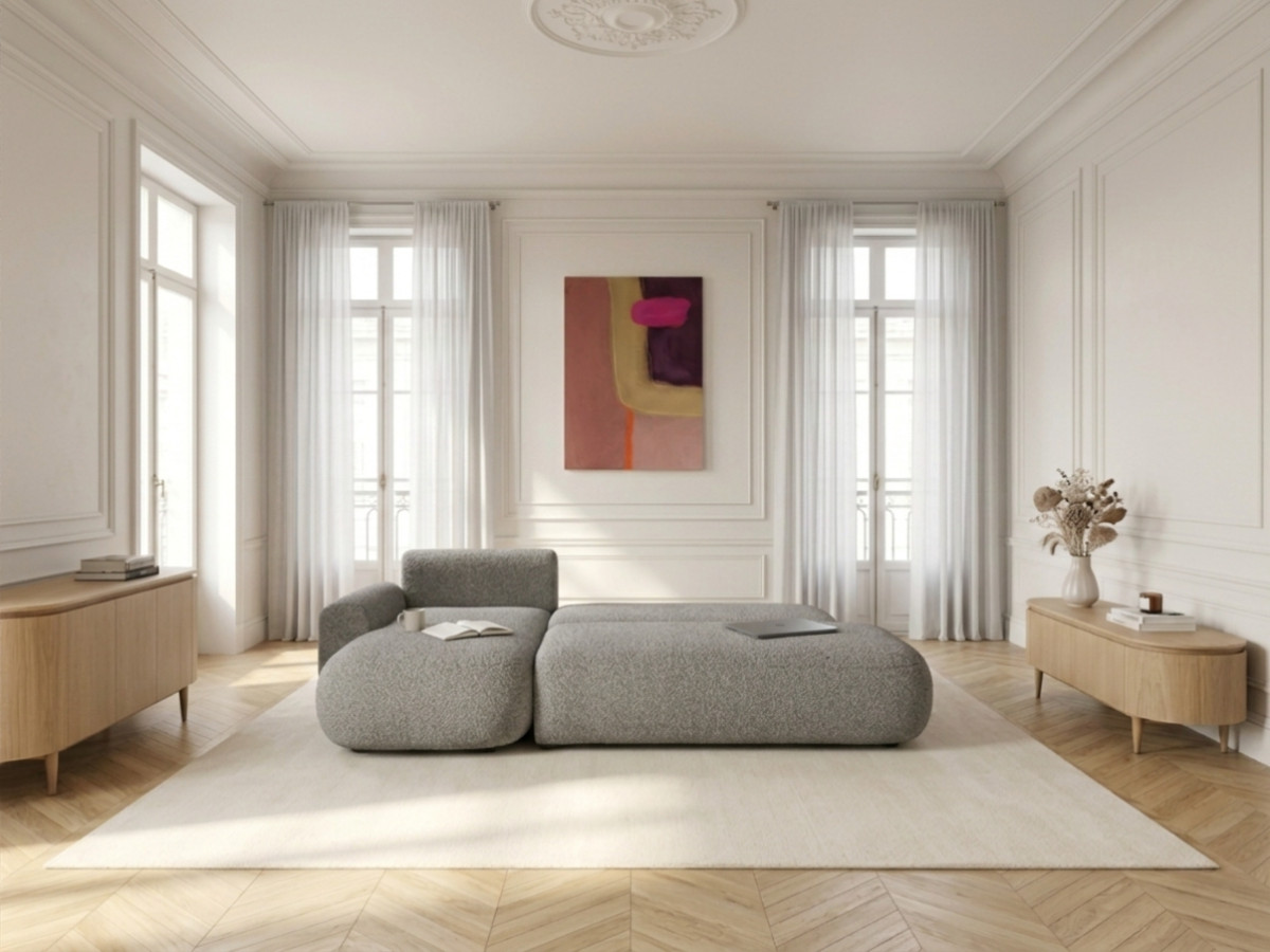Bobochic Tango Ecksofa mit Schlaffunktion und Bettkasten Bouclé-Stoff Grau Ecke links