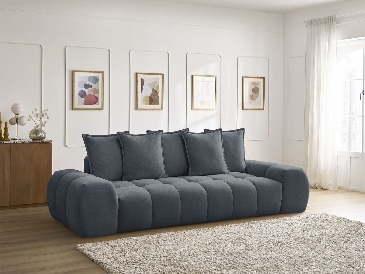 Bobochic Everest Schlafsofa 3-Sitzer mit Bettkasten, 5 Kissen Strukturstoff Dunkelblau