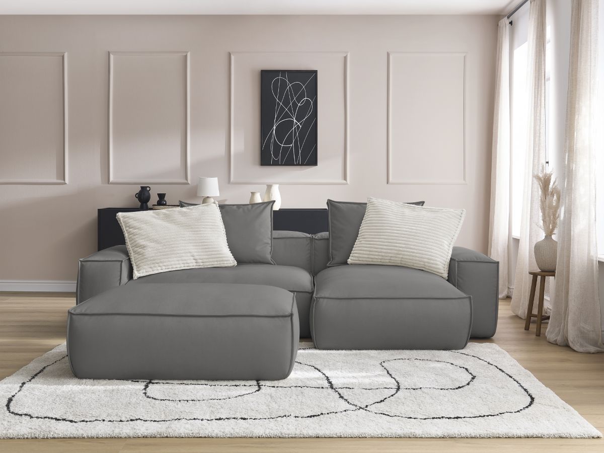Bobochic Boheme Ecksofa mit Pouf Kunstleder Dunkelgrau