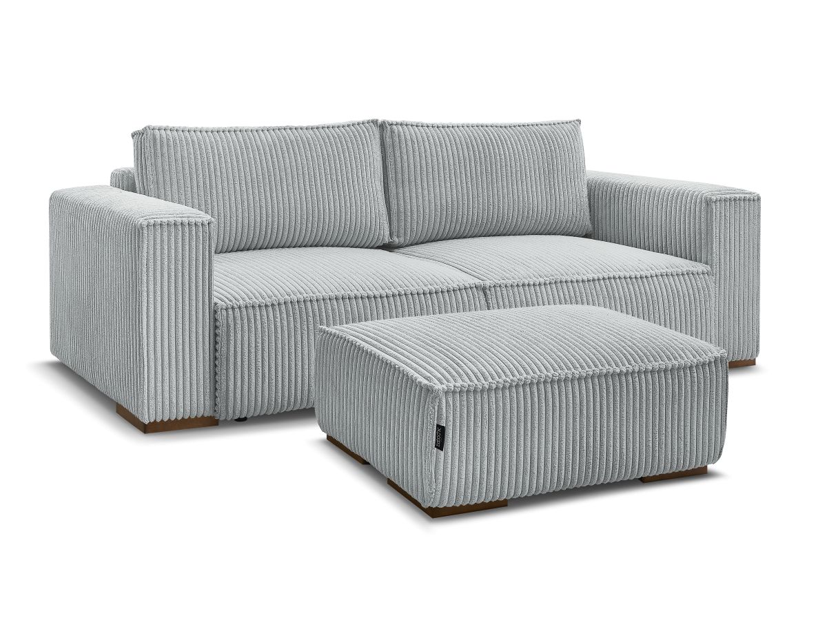Bobochic Chelsea Schlafsofa 4-Sitzer mit Bettkasten und Pouf Breitcord weich Hellgrau