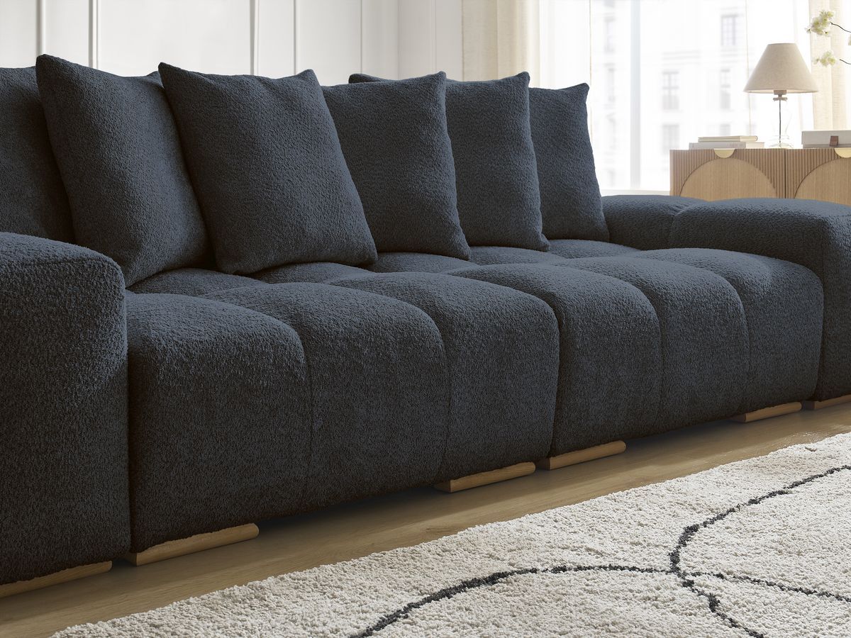 Bobochic Anakin Schlafsofa 3-Sitzer mit Bettkasten und Pouf, 6 Kissen Bouclé-Stoff Dunkelblau