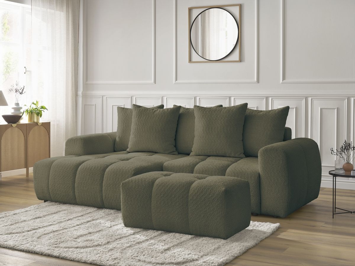 Bobochic Roxelane Ecksofa mit Schlaffunktion und Bettkasten und Pouf 258 × 150 cm Bouclé-Stoff Grün Ecke links