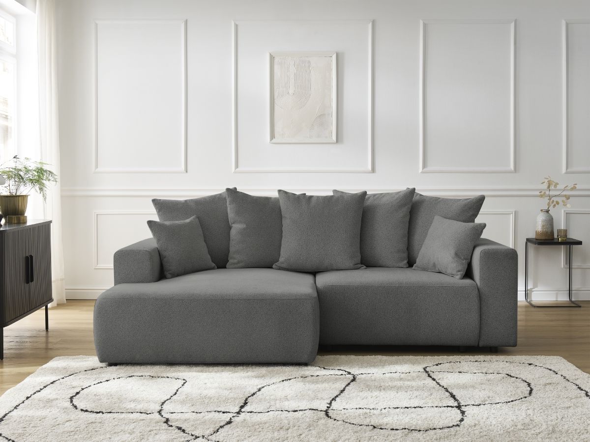 Bobochic Atilla Ecksofa mit Schlaffunktion und Bettkasten Melange-Stoff Dunkelgrau Ecke links