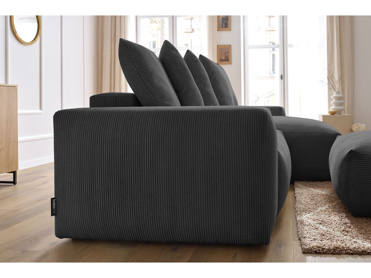Bobochic Voltaire Ecksofa mit Schlaffunktion und Bettkasten und Pouf Cordsamt Dunkelgrau