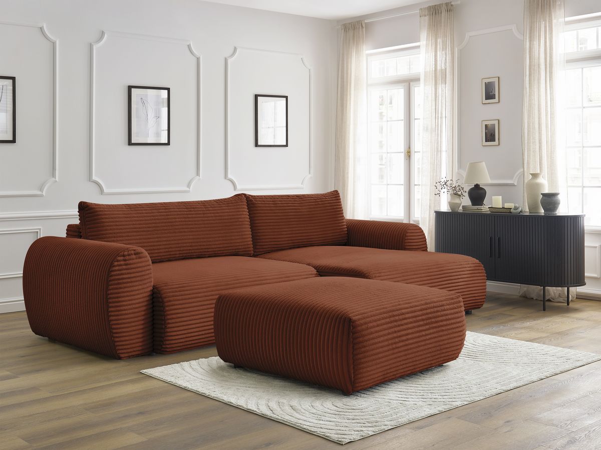 Bobochic Lucien Ecksofa mit Schlaffunktion und Bettkasten und Pouf 314 × 167 cm Breitcord weich Orange Ecke rechts