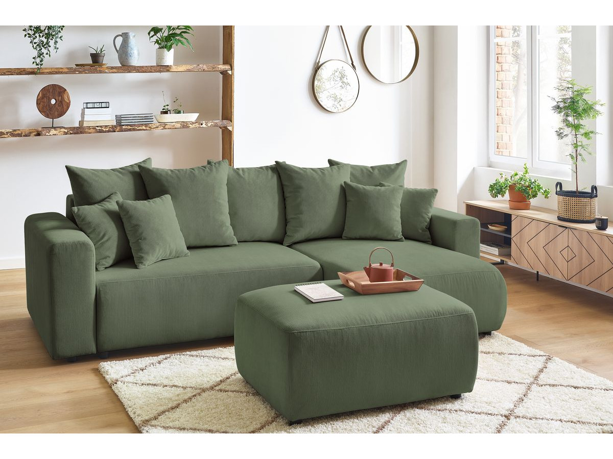 Bobochic Envy Ecksofa mit Schlaffunktion und Bettkasten und Pouf Cordsamt Grün