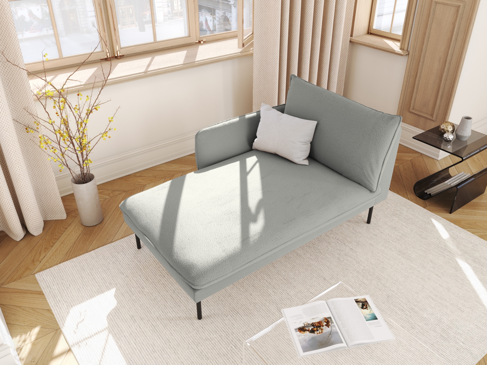 Cosmopolitan Design Chaiselongue Vienna Boucle Ascot Grau Links Beine Schwarzes Metall