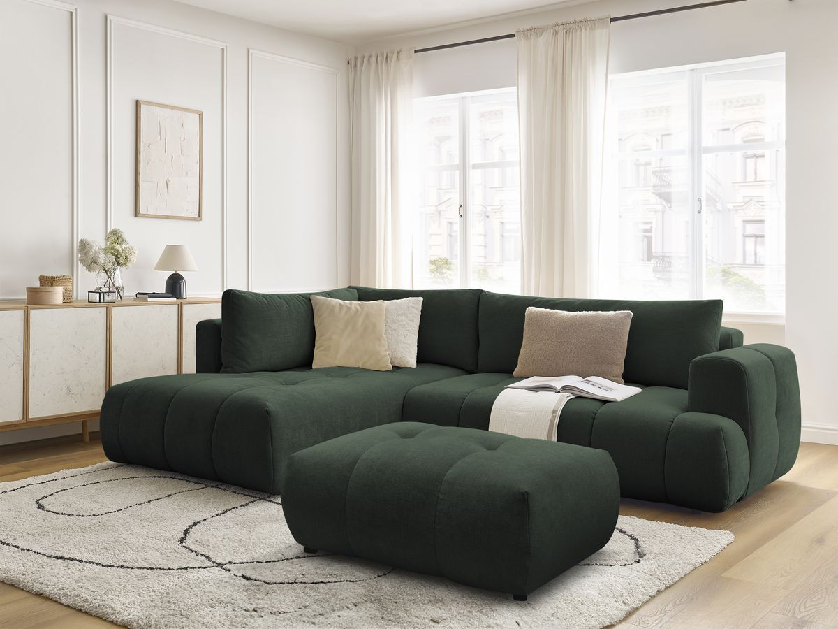 Bobochic Fuji Ecksofa mit Schlaffunktion und Bettkasten und Pouf 282 × 204 cm Stoff Grün Ecke links