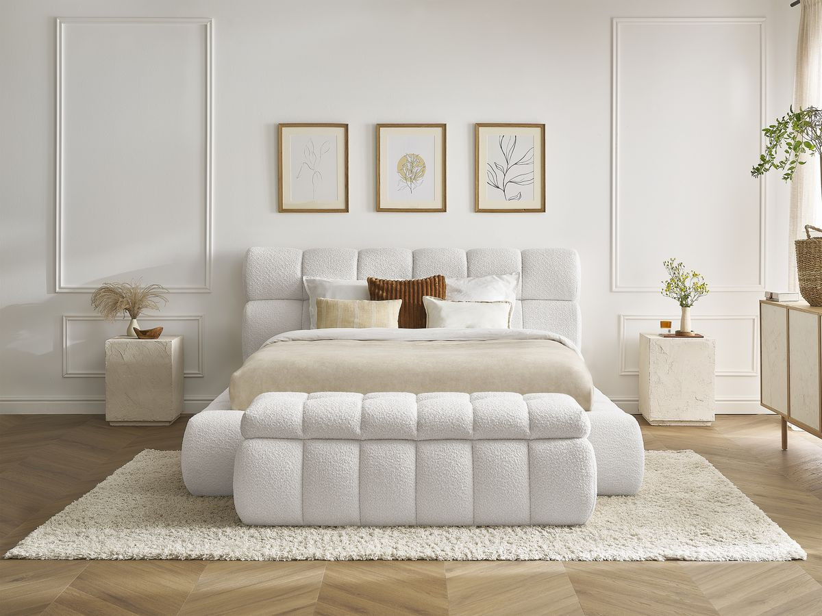 Bobochic Mont-blanc Polsterbett mit Bettkasten mit Bettbank Bouclé-Stoff Weiß, Liegefläche 180 × 200 cm