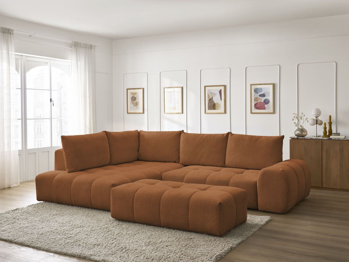 Bobochic Everest Ecksofa mit Schlaffunktion und Bettkasten und Pouf 320 × 212 cm, 5 Kissen Melange-Stoff Orange Ecke links