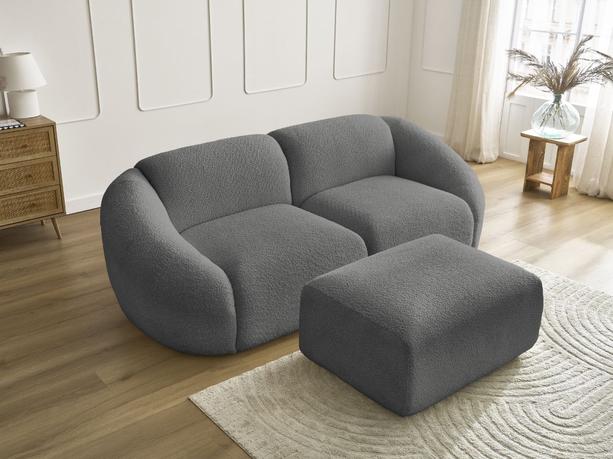 Bobochic Tina Sofa 3-Sitzer mit Pouf Bouclé-Stoff Dunkelgrau