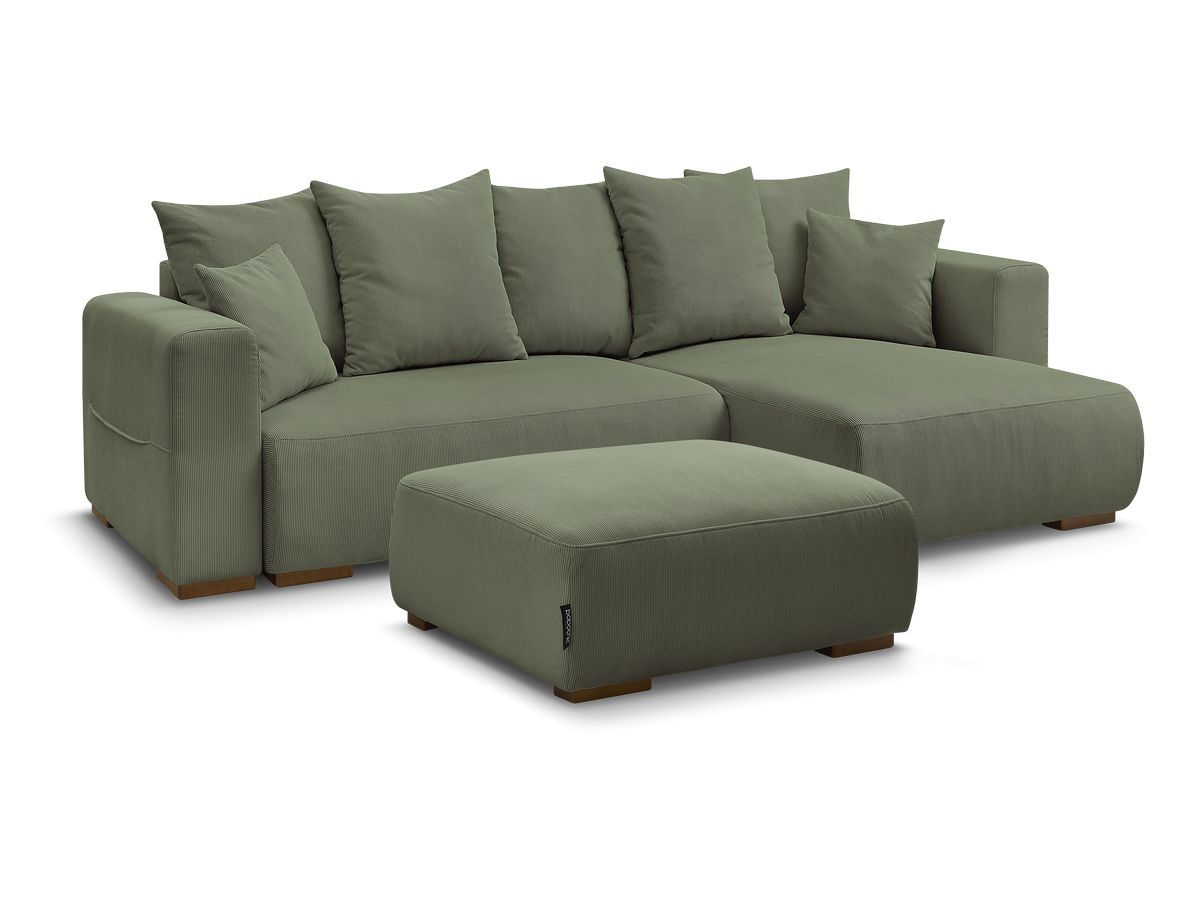 Bobochic Sidonie Ecksofa mit Schlaffunktion und Bettkasten und Pouf Cordsamt Grün