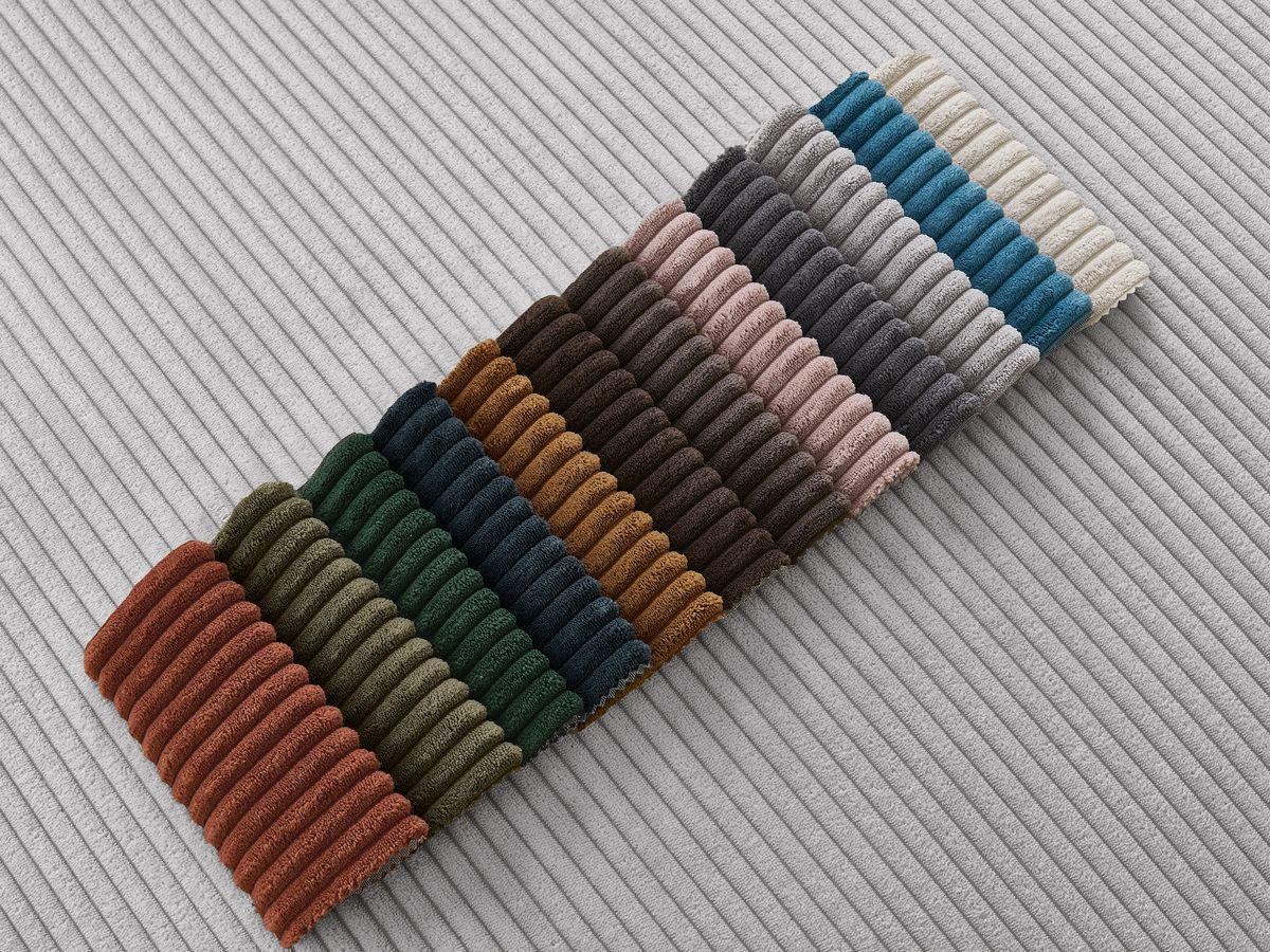 Bobochic Atilla Ecksofa mit Schlaffunktion und Bettkasten und Pouf Cordsamt Hellgrau Ecke links