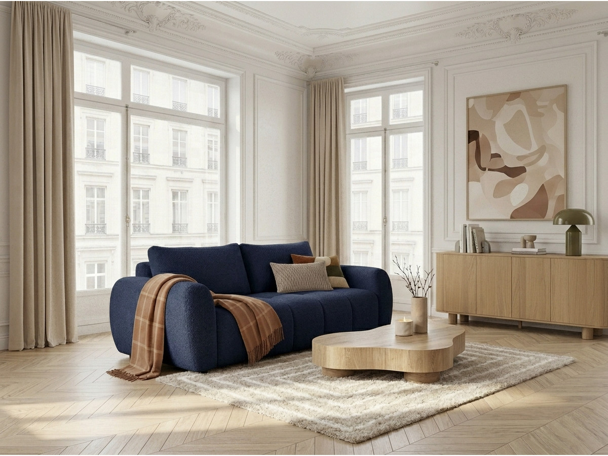 Bobochic Fuji Schlafsofa 3-Sitzer Bouclé-Stoff Dunkelblau