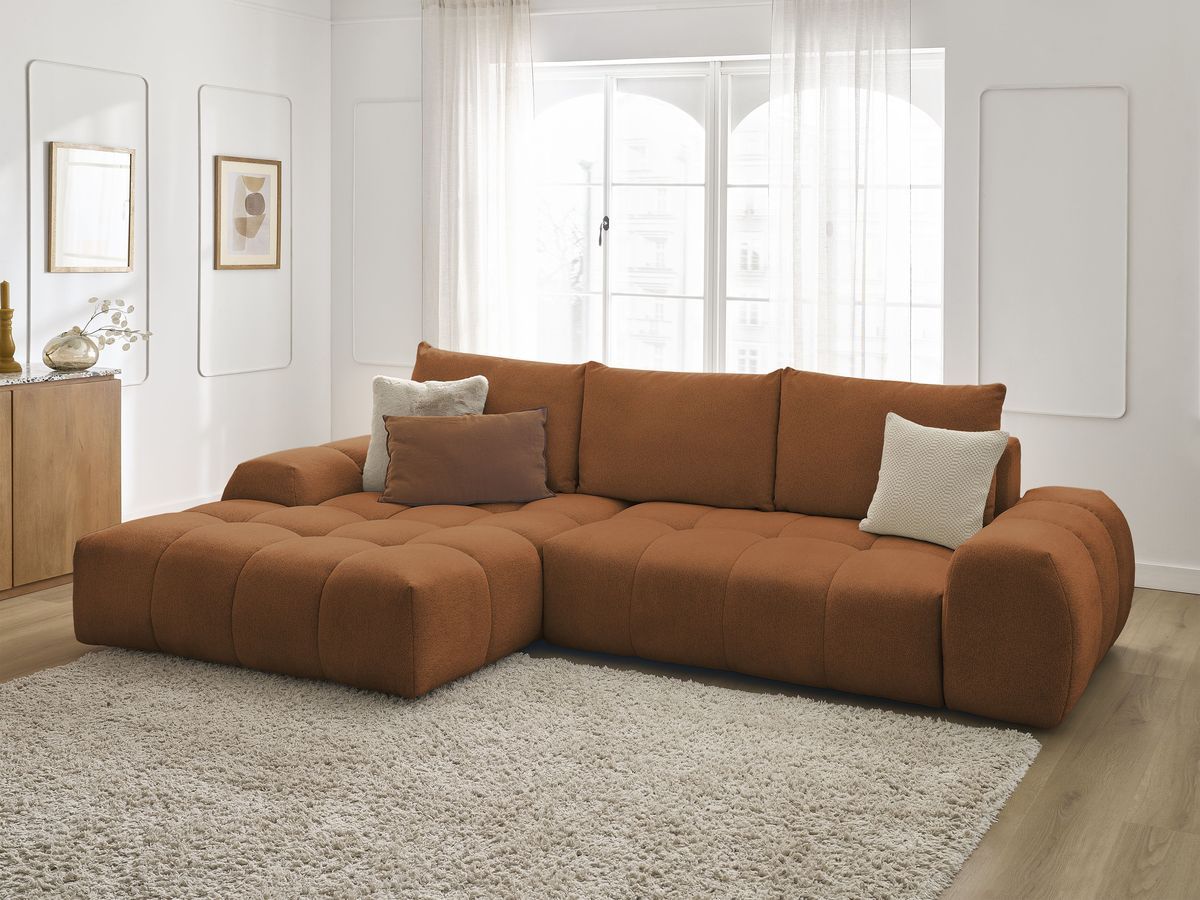 Bobochic Everest Ecksofa mit Schlaffunktion und Bettkasten 318 × 180 cm, 3 Kissen Melange-Stoff Orange Ecke links