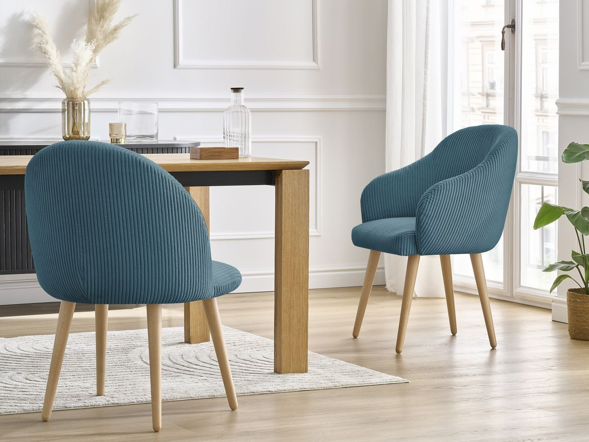 Bobochic Sophie Esszimmerstuhl 2er-Set mit skandinavischen Holzbeinen Cordsamt Dunkelblau