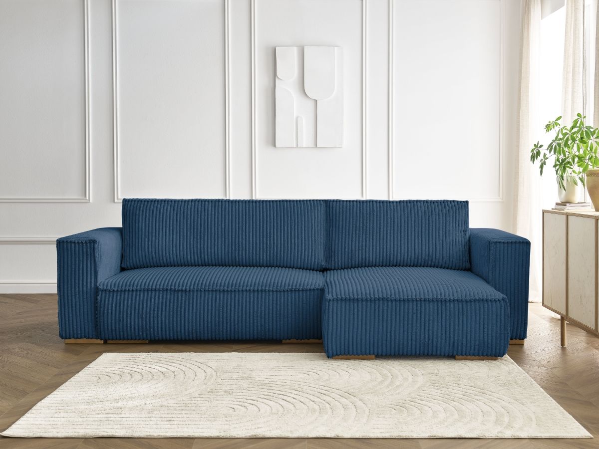 Bobochic Chelsea Ecksofa mit Schlaffunktion und Bettkasten Breitcord weich Dunkelblau