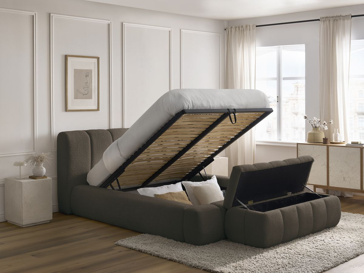 Bobochic Denali Polsterbett mit Bettkasten mit Bettbank Bouclé-Stoff Braun, Liegefläche 140 × 190 cm