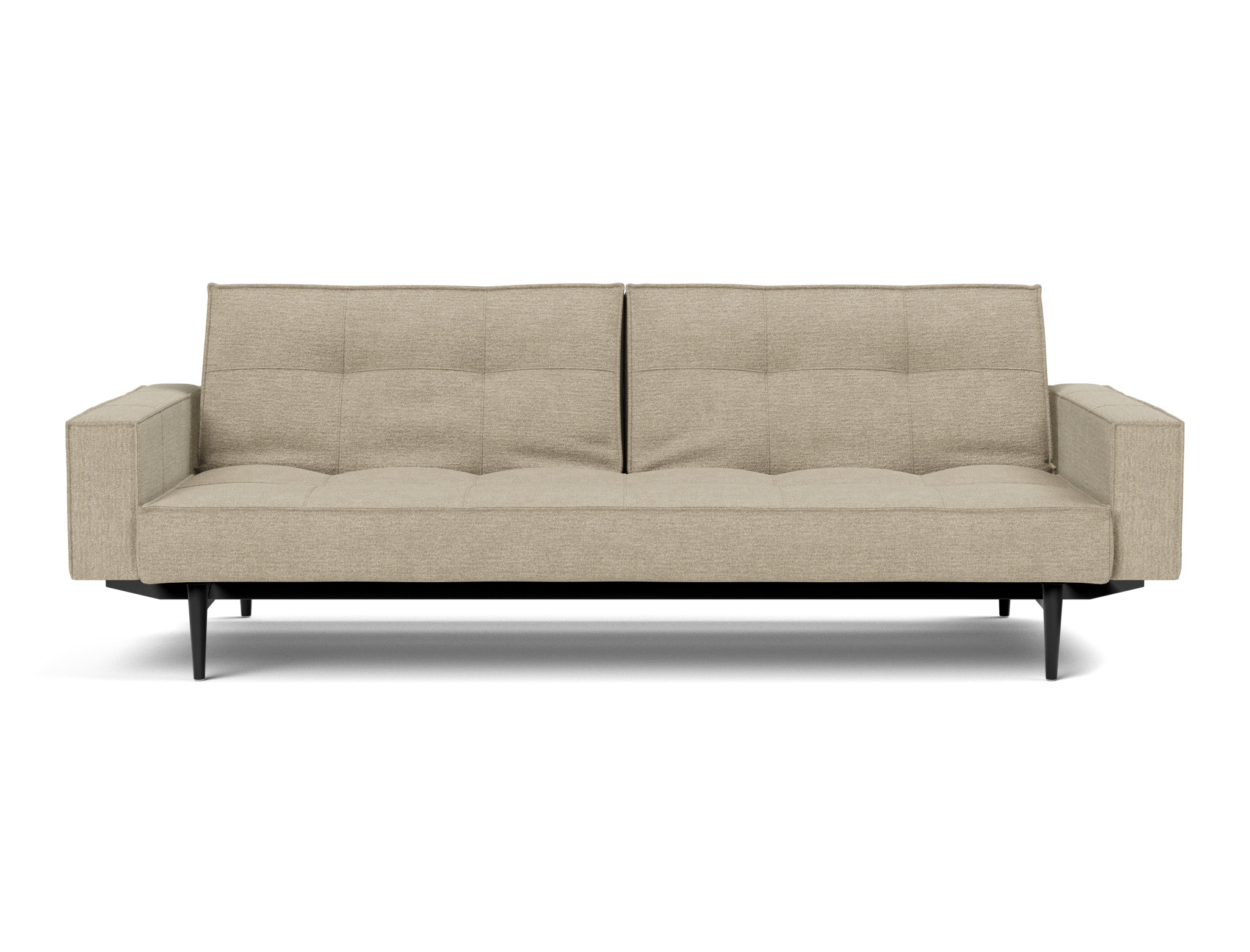 Schlafsofa Splitback mit Armlehnen Strukturierter Stoff Taura 356-Sand Beine Styletto Eiche schwarz