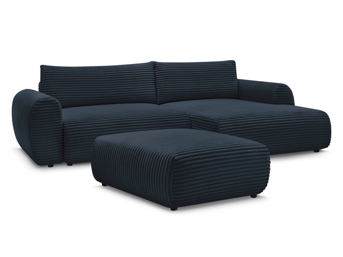 Bobochic Lucien Ecksofa mit Schlaffunktion und Bettkasten und Pouf 314 × 167 cm Breitcord weich Dunkelblau Ecke rechts