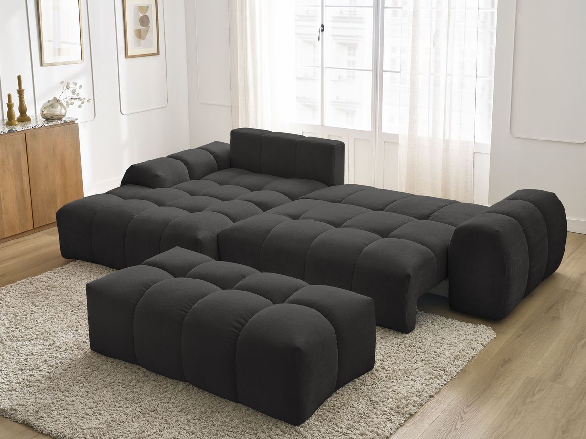 Bobochic Everest Ecksofa mit Schlaffunktion und Bettkasten und Pouf 318 × 180 cm, 3 Kissen Strukturstoff Schwarz Ecke links