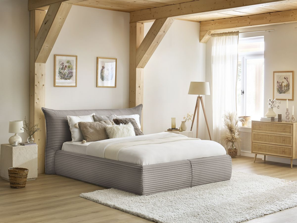 Bobochic Jade Polsterbett mit Bettkasten Cordsamt Taupe, Liegefläche 160 × 200 cm
