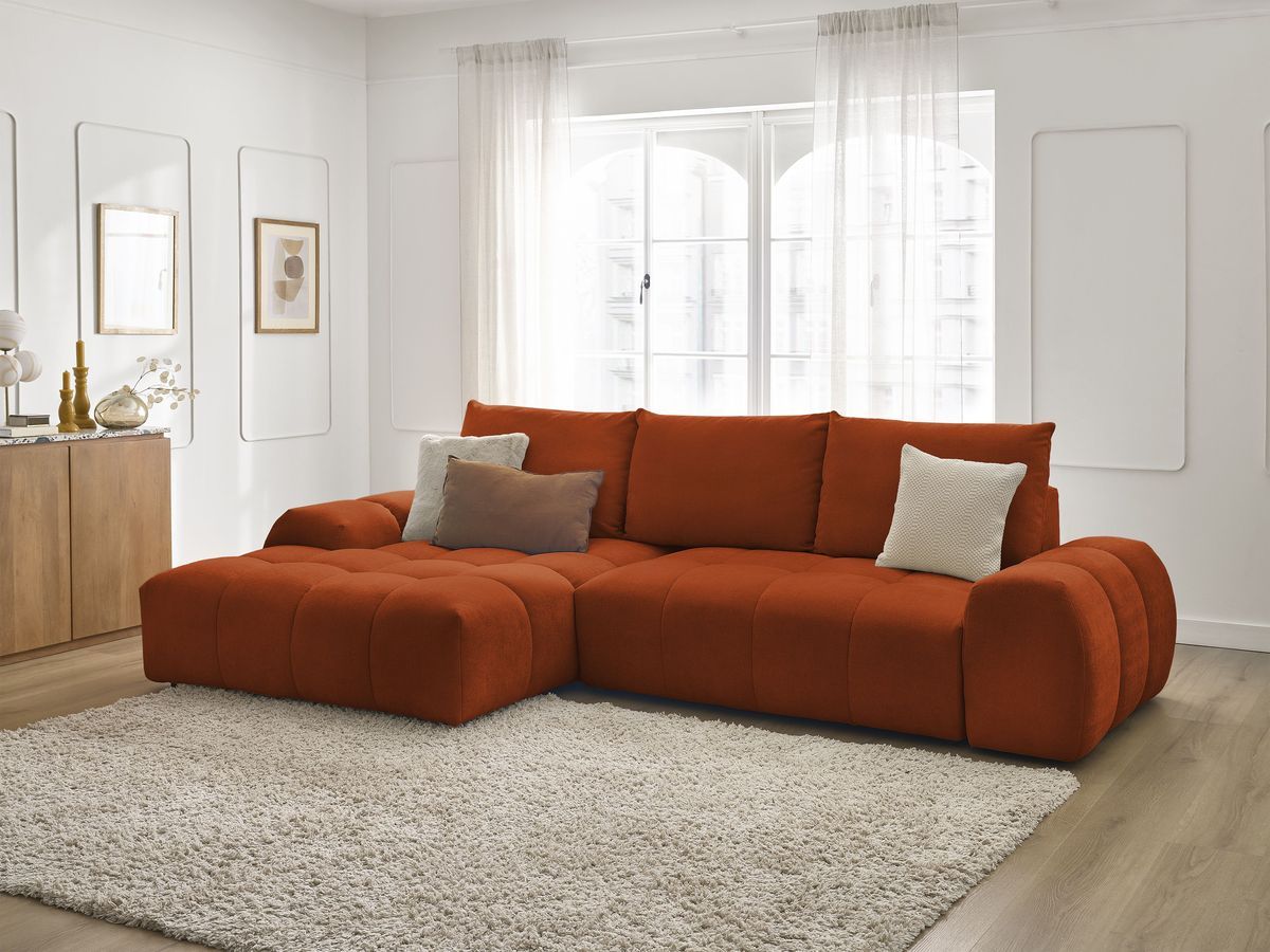 Bobochic Everest Ecksofa mit Schlaffunktion und Bettkasten 318 × 180 cm, 3 Kissen Strukturstoff Orange Ecke links