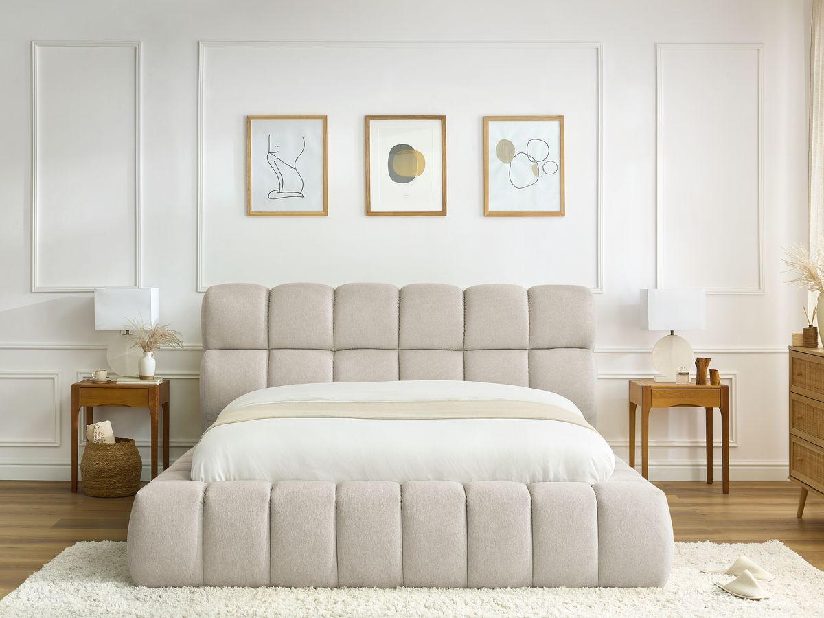 Bobochic Mont-blanc Polsterbett mit Bettkasten Stoff Beige, Liegefläche 140 × 190 cm