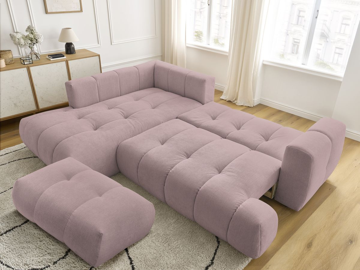 Bobochic Fuji Ecksofa mit Schlaffunktion und Bettkasten und Pouf 282 × 204 cm Stoff Rosa Ecke links