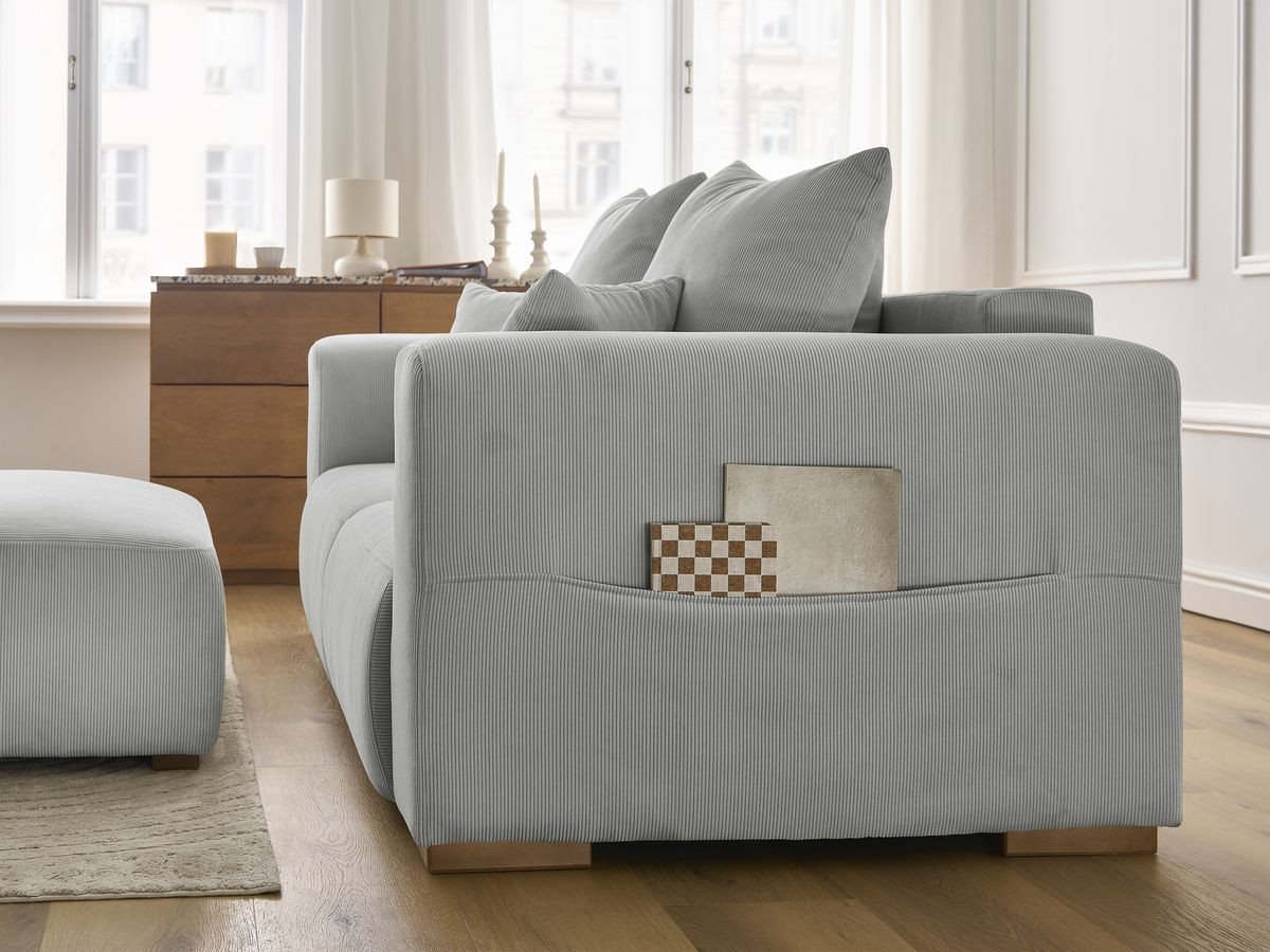 Bobochic Sidonie Sofa 3-Sitzer mit Pouf Cordsamt Hellgrau
