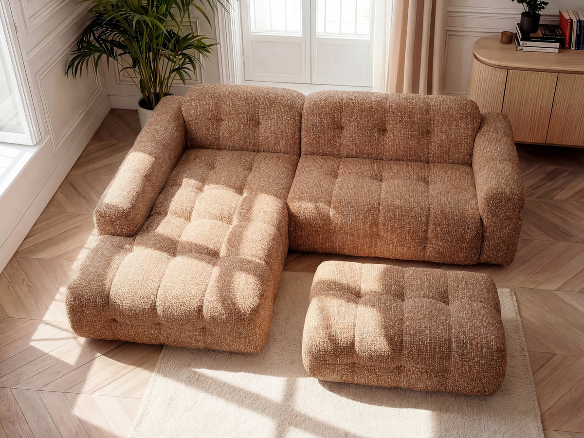 Bobochic Laura Ecksofa mit großem Pouf Melange-Stoff Orange Ecke links