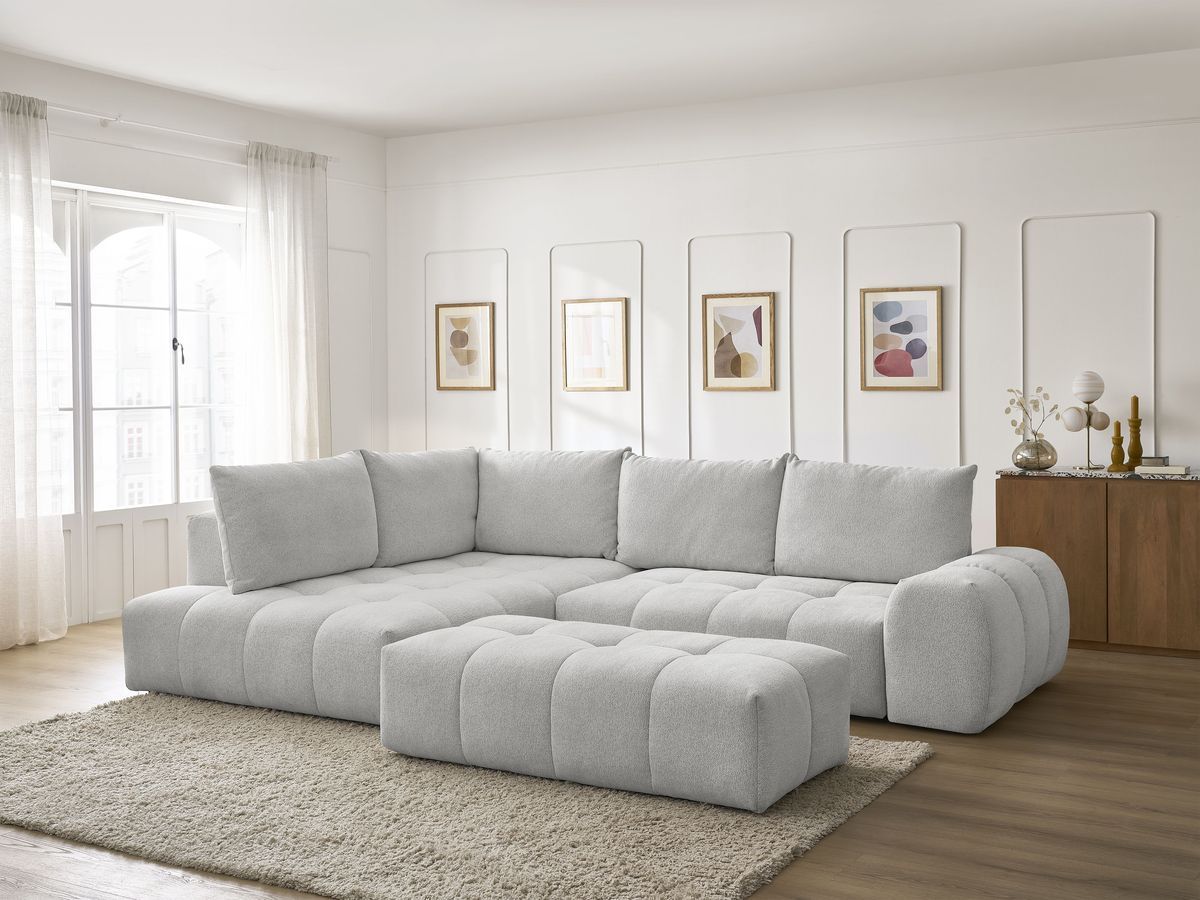 Bobochic Everest Ecksofa mit Schlaffunktion und Bettkasten und Pouf 320 × 212 cm, 5 Kissen Melange-Stoff Hellgrau Ecke links