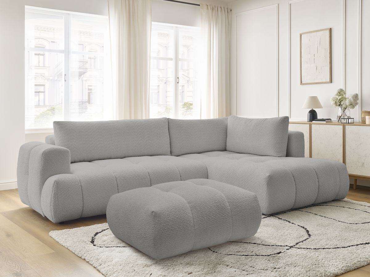 Bobochic Fuji Ecksofa mit Schlaffunktion und Bettkasten und Pouf 282 × 204 cm Bouclé-Stoff Hellgrau Ecke rechts
