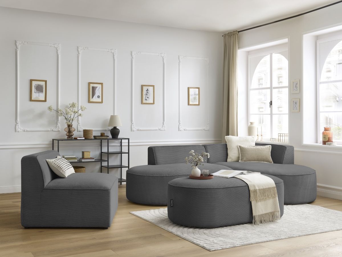 Bobochic Rousseau Ecksofa mit Sofamodul und Pouf Cordsamt Dunkelgrau Ecke rechts
