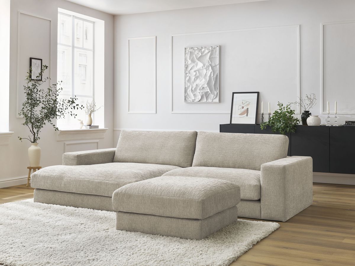 Bobochic Leonard Ecksofa mit Pouf 274 × 159 cm Strukturstoff Beige Ecke links