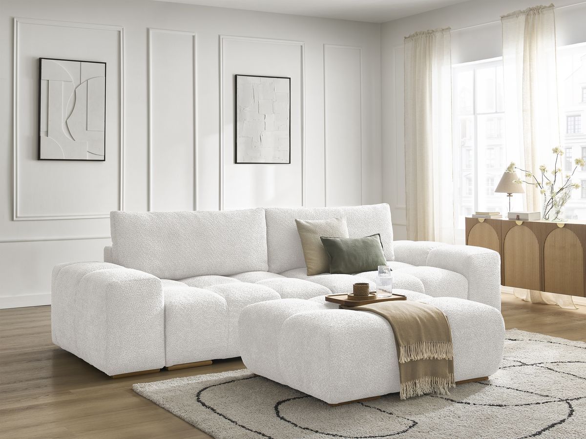 Bobochic Anakin Sofa 3-Sitzer mit Pouf, 2 Kissen Bouclé-Stoff Weiß
