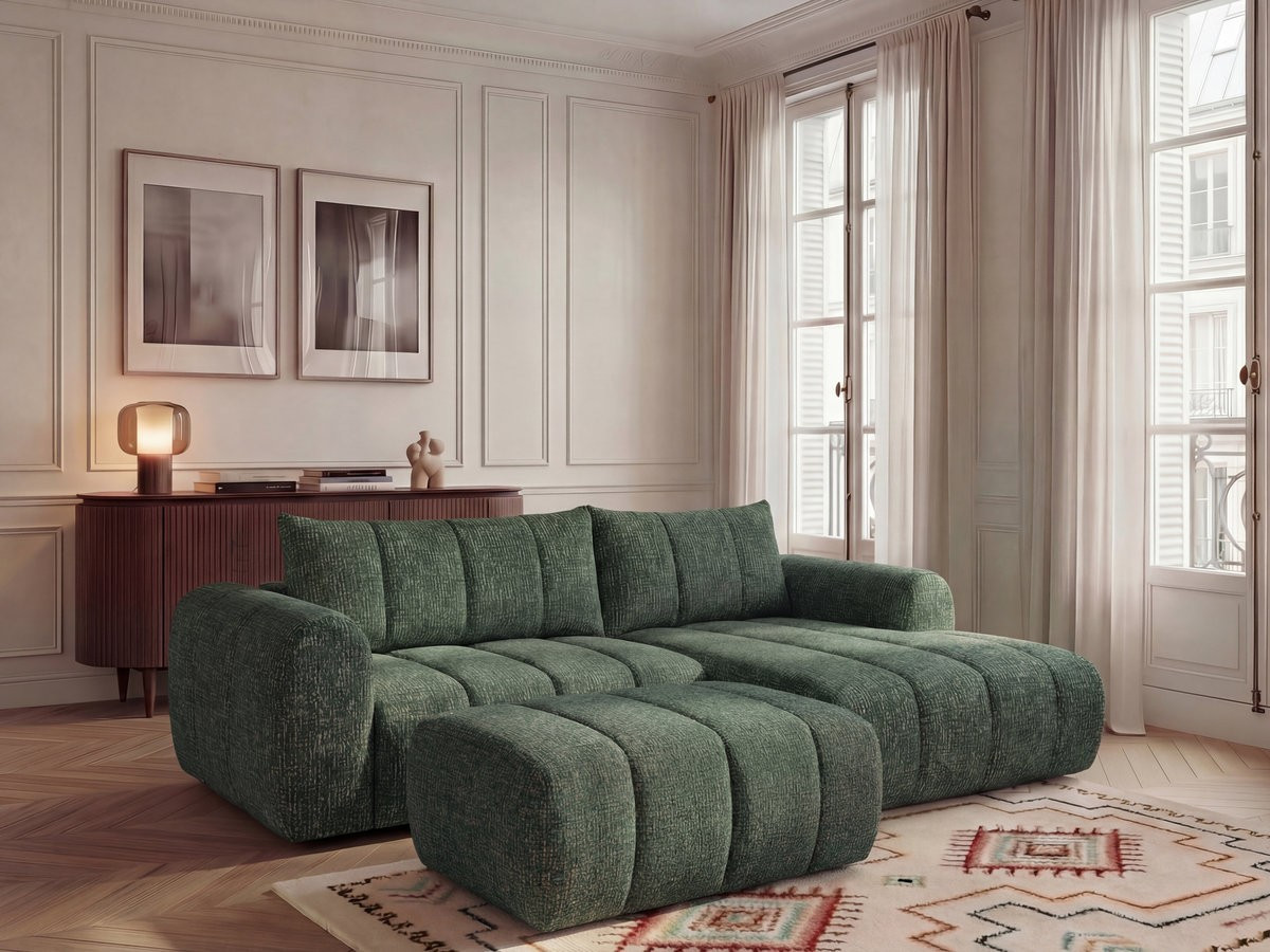 Bobochic Nesty Ecksofa 272 cm mit Pouf Melange-Stoff Dunkelgrün Ecke rechts