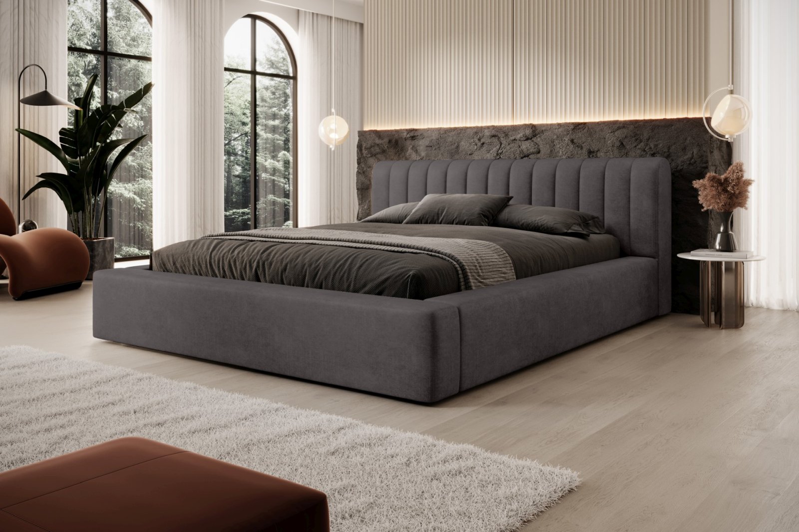 Polsterbett Faroa Samtstoff 140x200 mit Metallrahmen Macau Anthracite