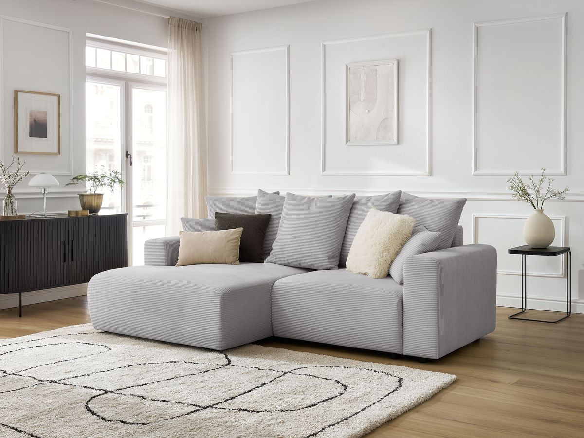 Bobochic Atilla Ecksofa mit Schlaffunktion und Bettkasten Cordsamt Hellgrau Ecke links