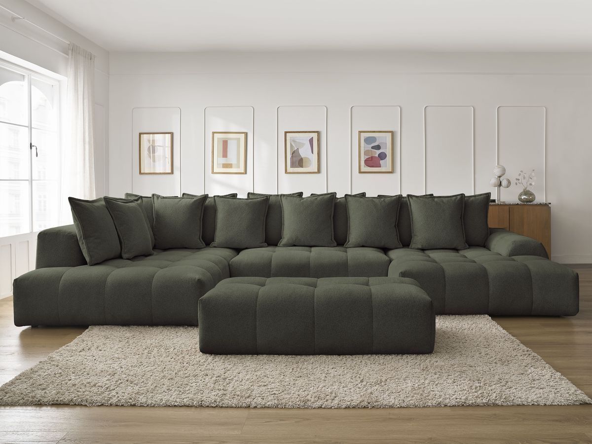 Bobochic Everest Wohnlandschaft mit Pouf, 14 Kissen Melange-Stoff Grün Ecke rechts