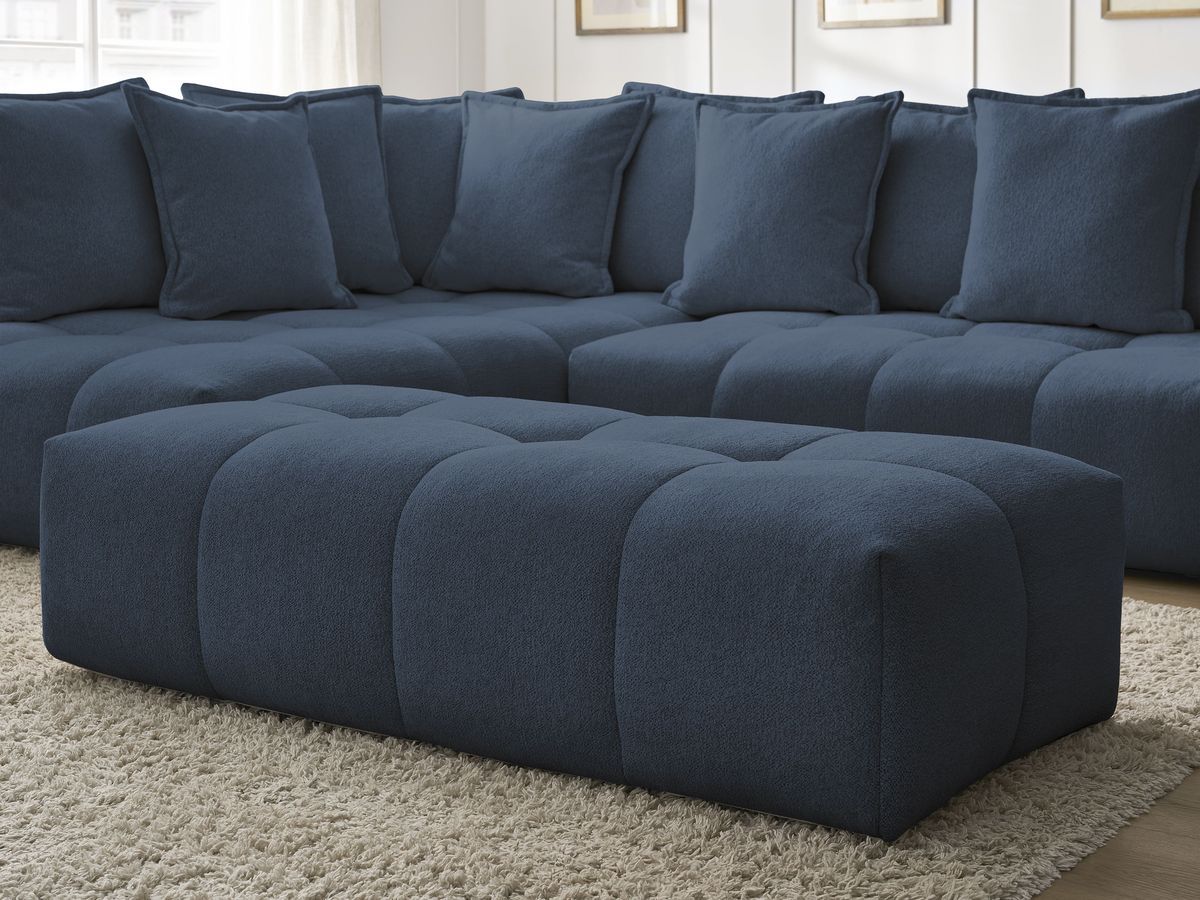 Bobochic Everest Ecksofa mit Schlaffunktion und Bettkasten und Pouf 320 × 212 cm, 10 Kissen Melange-Stoff Dunkelblau Ecke links
