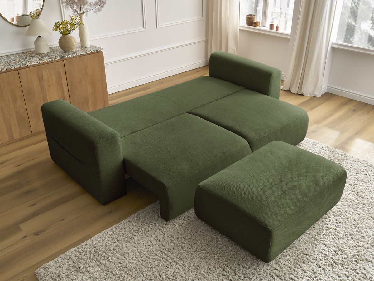 Bobochic Sidonie Schlafsofa 4-Sitzer mit Bettkasten und Pouf Melange-Stoff Grün